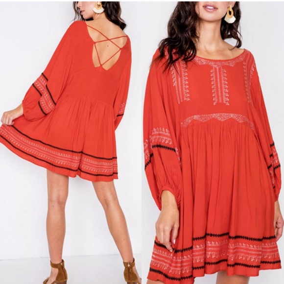 Hummingbird boho dress orange embroiled oversized size small ballon sleeve - Picture 1 of 7